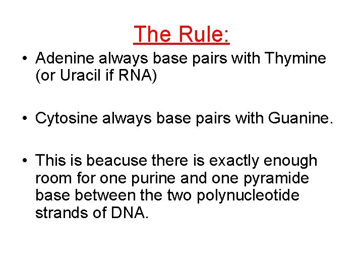 The Rule: • Adenine always base pairs with Thymine (or Uracil if RNA) •