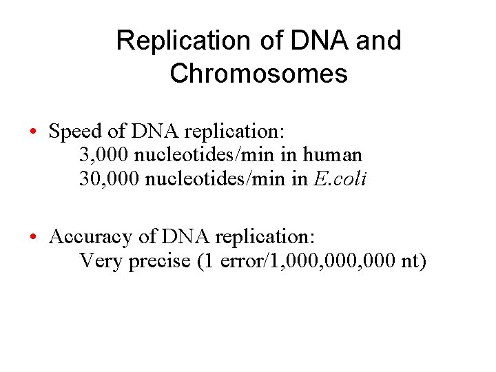 Replication of DNA and Chromosomes • Speed of DNA replication: 3, 000 nucleotides/min in