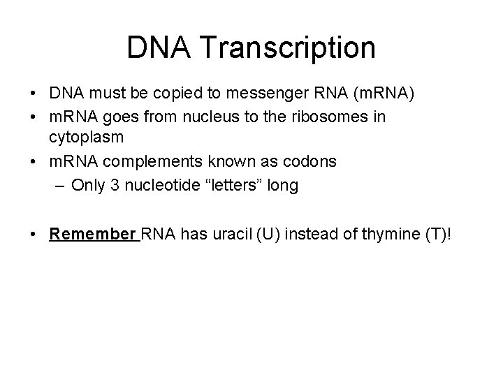 DNA Transcription • DNA must be copied to messenger RNA (m. RNA) • m.