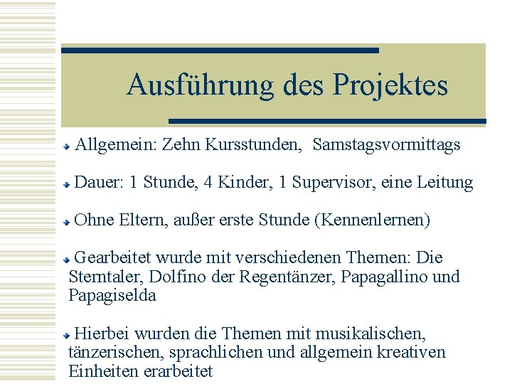 Ausführung des Projektes Allgemein: Zehn Kursstunden, Samstagsvormittags Dauer: 1 Stunde, 4 Kinder, 1 Supervisor,