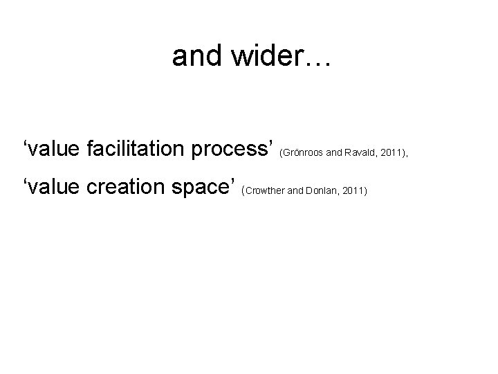 and wider… ‘value facilitation process’ (Grönroos and Ravald, 2011), ‘value creation space’ (Crowther and and wider… ‘value facilitation process’ (Grönroos and Ravald, 2011), ‘value creation space’ (Crowther and