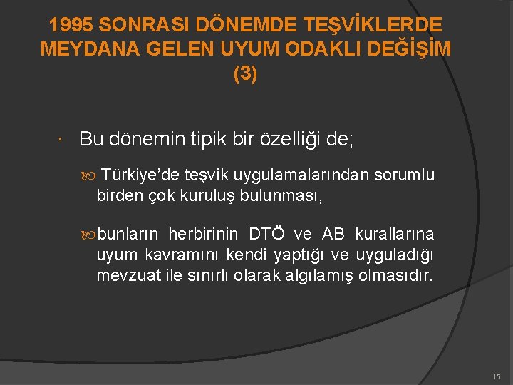 1995 SONRASI DÖNEMDE TEŞVİKLERDE MEYDANA GELEN UYUM ODAKLI DEĞİŞİM (3) Bu dönemin tipik bir