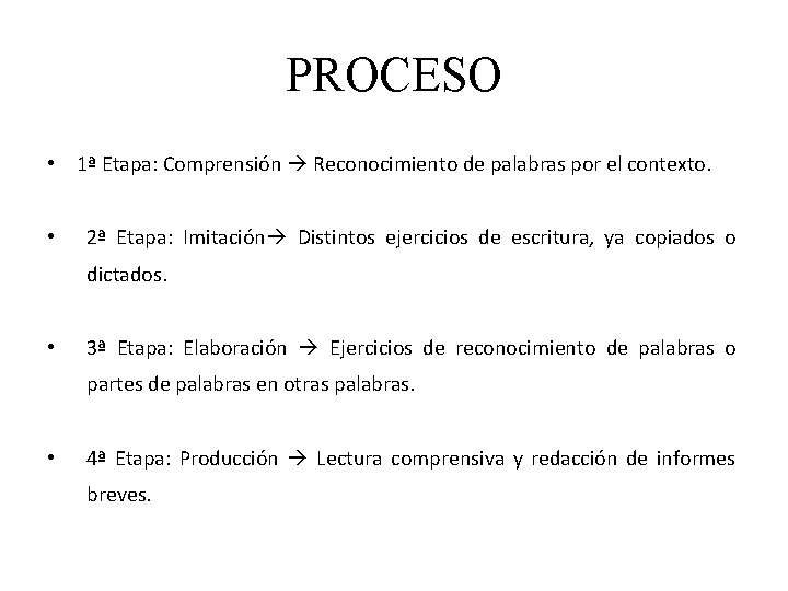 PROCESO • 1ª Etapa: Comprensión Reconocimiento de palabras por el contexto. • 2ª Etapa: