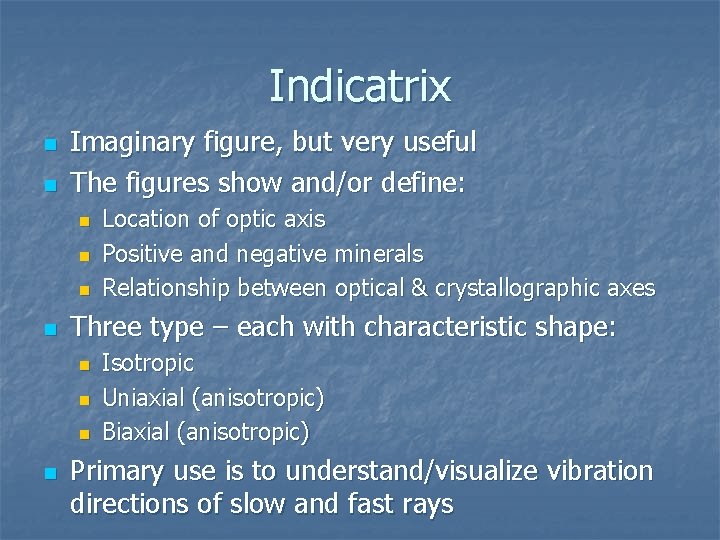Indicatrix n n Imaginary figure, but very useful The figures show and/or define: n