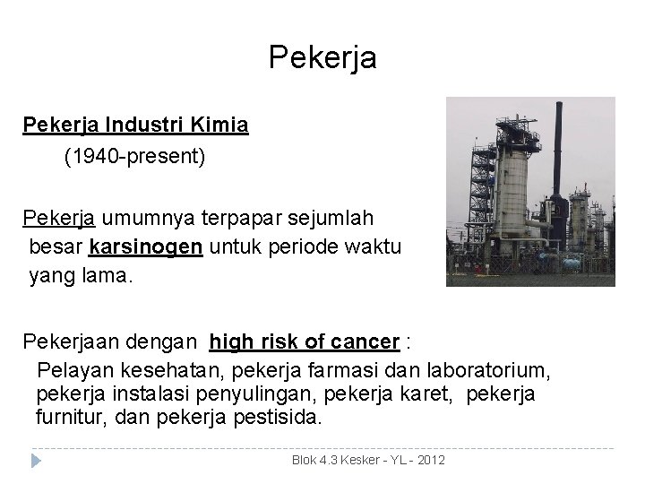 Pekerja Industri Kimia (1940 -present) Pekerja umumnya terpapar sejumlah besar karsinogen untuk periode waktu