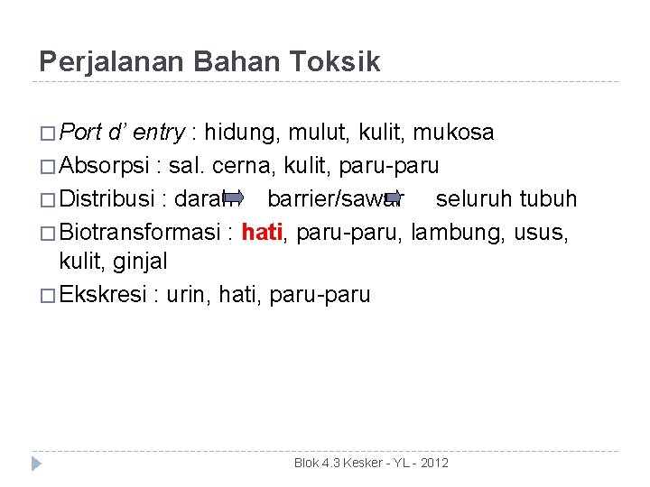 Perjalanan Bahan Toksik � Port d’ entry : hidung, mulut, kulit, mukosa � Absorpsi