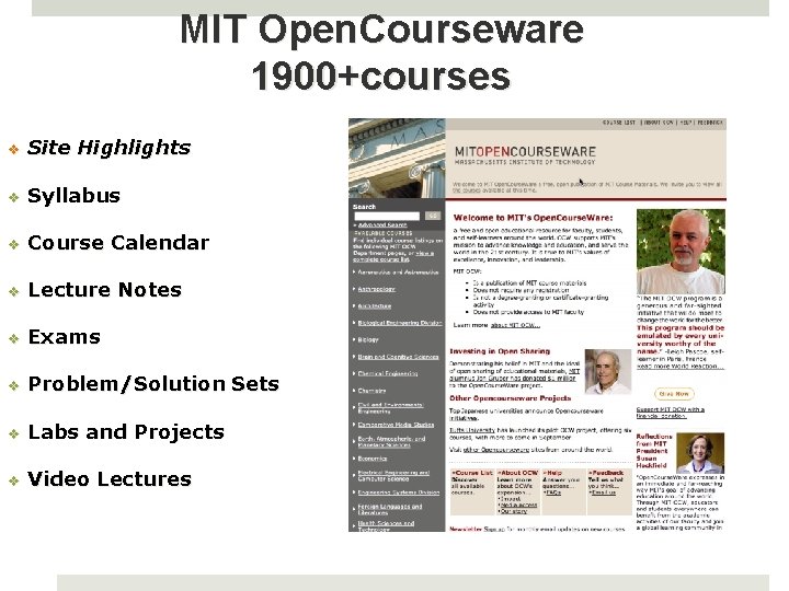 MIT Open. Courseware 1900+courses v Site Highlights v Syllabus v Course Calendar v Lecture MIT Open. Courseware 1900+courses v Site Highlights v Syllabus v Course Calendar v Lecture