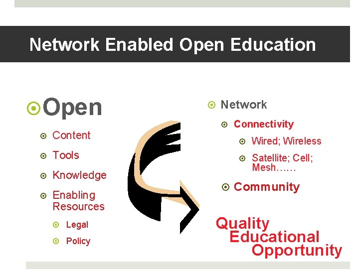 Network Enabled Open Education Open Content Network Tools Knowledge Enabling Resources Legal Policy Connectivity Network Enabled Open Education Open Content Network Tools Knowledge Enabling Resources Legal Policy Connectivity