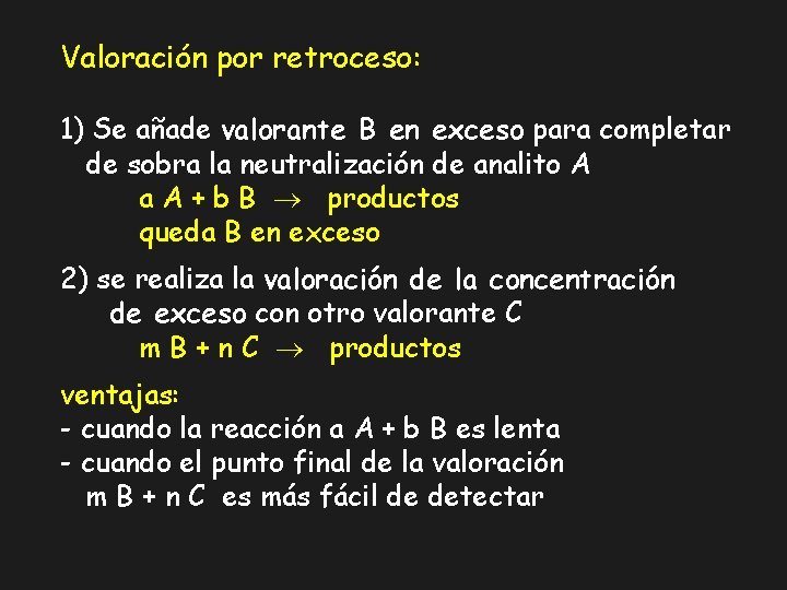 Valoración por retroceso: 1) Se añade valorante B en exceso para completar de sobra