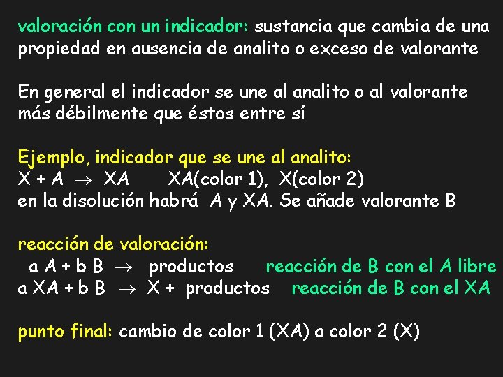 valoración con un indicador: sustancia que cambia de una propiedad en ausencia de analito