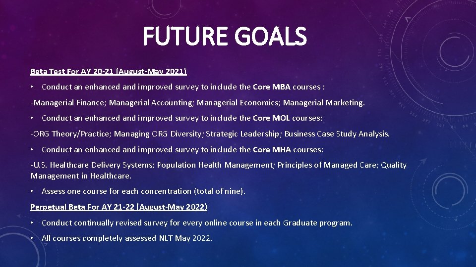 FUTURE GOALS Beta Test For AY 20 -21 (August-May 2021) • Conduct an enhanced