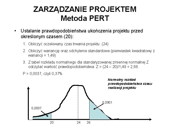 ZARZĄDZANIE PROJEKTEM Metoda PERT • Ustalanie prawdopodobieństwa ukończenia projektu przed określonym czasem (20): 1. ZARZĄDZANIE PROJEKTEM Metoda PERT • Ustalanie prawdopodobieństwa ukończenia projektu przed określonym czasem (20): 1.