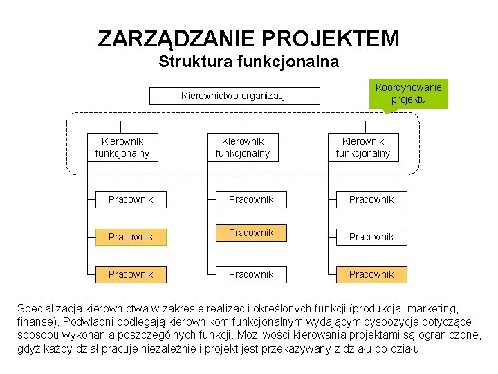 ZARZĄDZANIE PROJEKTEM Struktura funkcjonalna Kierownictwo organizacji Kierownik funkcjonalny Koordynowanie projektu Kierownik funkcjonalny Pracownik Pracownik