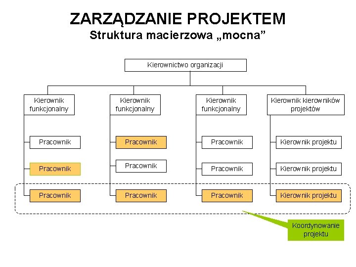 ZARZĄDZANIE PROJEKTEM Struktura macierzowa „mocna” Kierownictwo organizacji Kierownik funkcjonalny Kierownik kierowników projektów Pracownik Pracownik