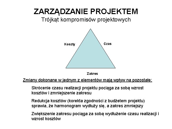 ZARZĄDZANIE PROJEKTEM Trójkąt kompromisów projektowych Czas Koszty Zakres Zmiany dokonane w jednym z elementów