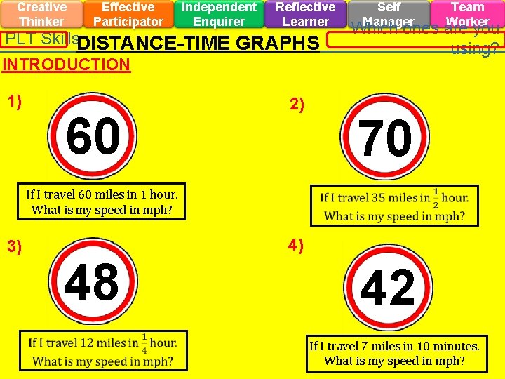 Creative Thinker Effective Participator Independent Enquirer Reflective Learner PLT Skills. DISTANCE-TIME GRAPHS INTRODUCTION 1)