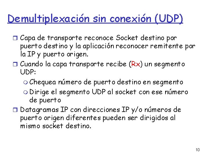 Demultiplexación sin conexión (UDP) Capa de transporte reconoce Socket destino por puerto destino y