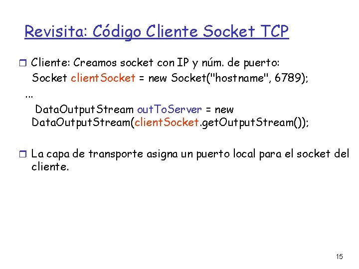 Revisita: Código Cliente Socket TCP Cliente: Creamos socket con IP y núm. de puerto: