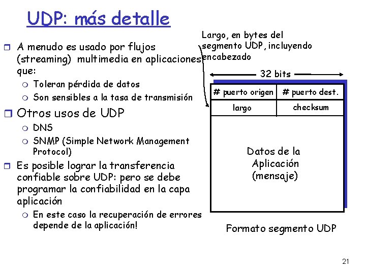 UDP: más detalle Largo, en bytes del segmento UDP, incluyendo A menudo es usado
