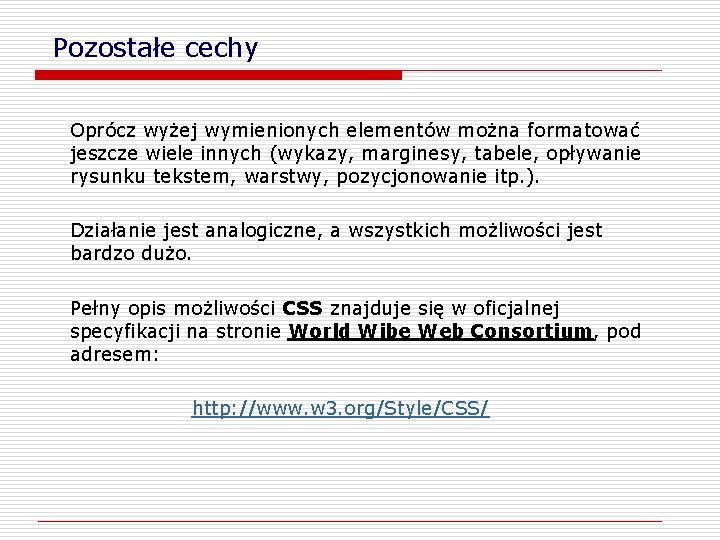 Pozostałe cechy Oprócz wyżej wymienionych elementów można formatować jeszcze wiele innych (wykazy, marginesy, tabele,