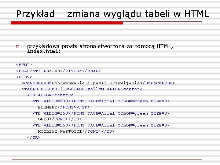 Przykład – zmiana wyglądu tabeli w HTML o przykładowa prosta strona stworzona za pomocą