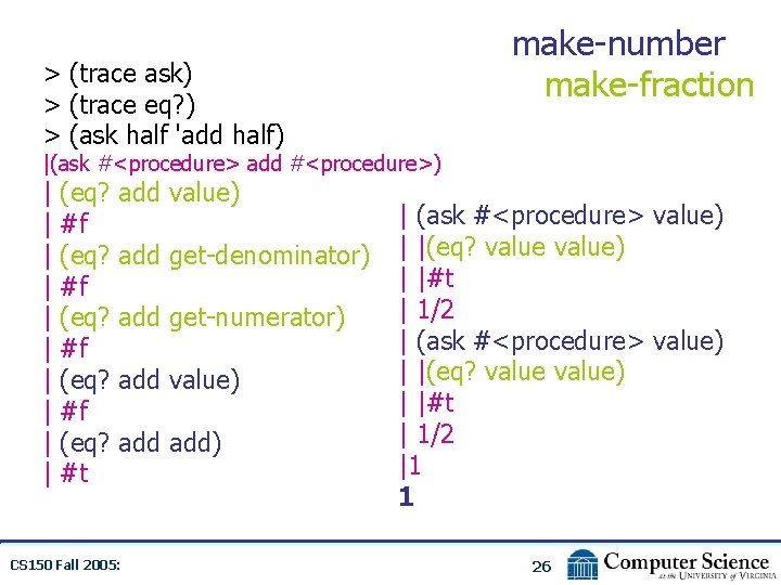 > (trace ask) > (trace eq? ) > (ask half 'add half) make-number make-fraction