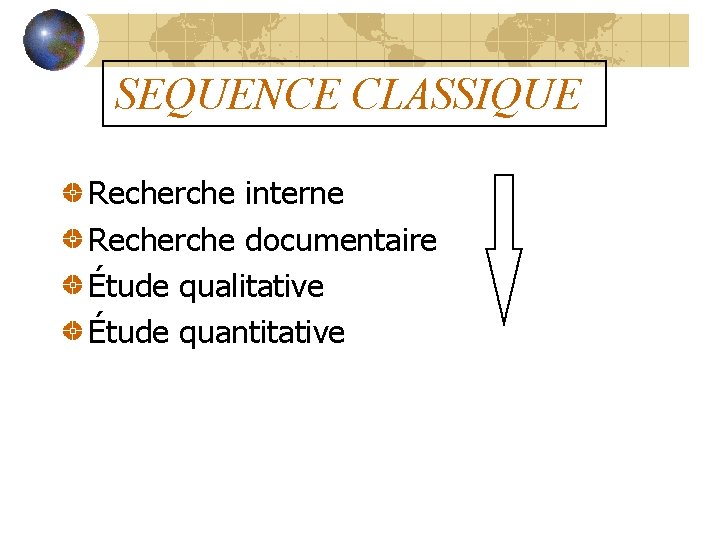 SEQUENCE CLASSIQUE Recherche interne Recherche documentaire Étude qualitative Étude quantitative 