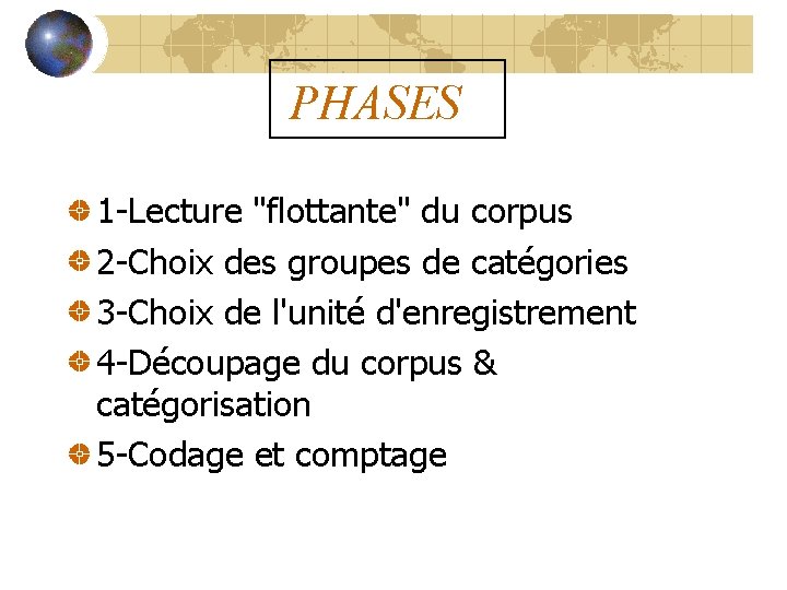PHASES 1 -Lecture "flottante" du corpus 2 -Choix des groupes de catégories 3 -Choix
