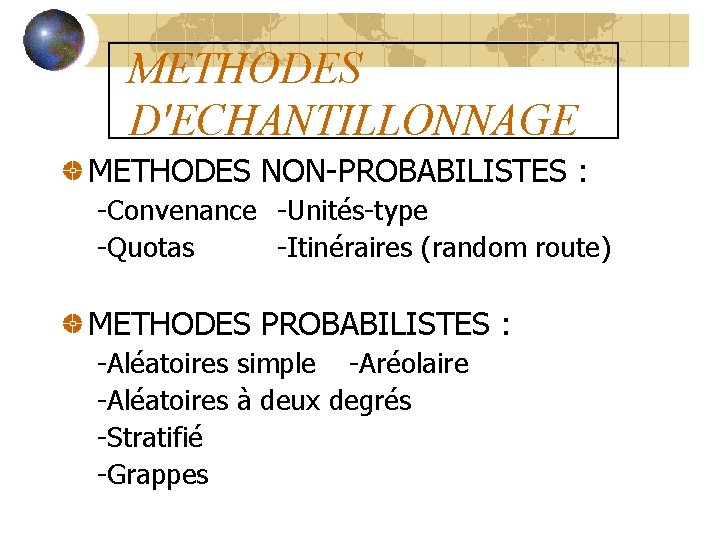 METHODES D'ECHANTILLONNAGE METHODES NON-PROBABILISTES : -Convenance -Unités-type -Quotas -Itinéraires (random route) METHODES PROBABILISTES :