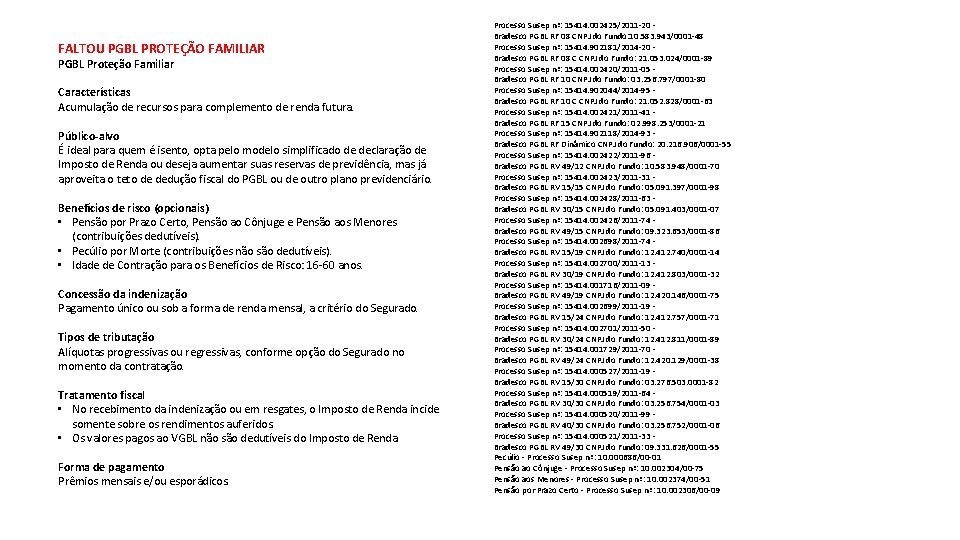 FALTOU PGBL PROTEÇÃO FAMILIAR PGBL Proteção Familiar Características Acumulação de recursos para complemento de FALTOU PGBL PROTEÇÃO FAMILIAR PGBL Proteção Familiar Características Acumulação de recursos para complemento de