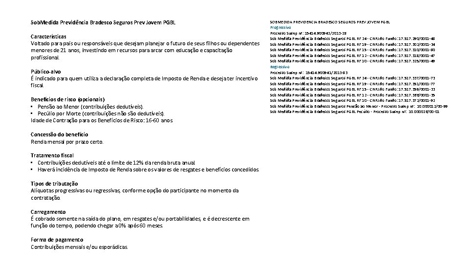 Sob. Medida Previdência Bradesco Seguros Prev Jovem PGBL Características Voltado para pais ou responsáveis Sob. Medida Previdência Bradesco Seguros Prev Jovem PGBL Características Voltado para pais ou responsáveis