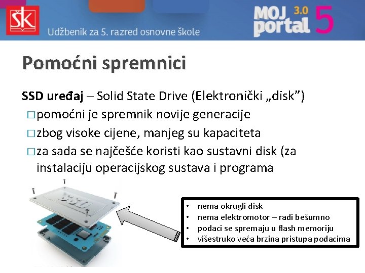 Pomoćni spremnici SSD uređaj – Solid State Drive (Elektronički „disk”) � pomoćni je spremnik Pomoćni spremnici SSD uređaj – Solid State Drive (Elektronički „disk”) � pomoćni je spremnik