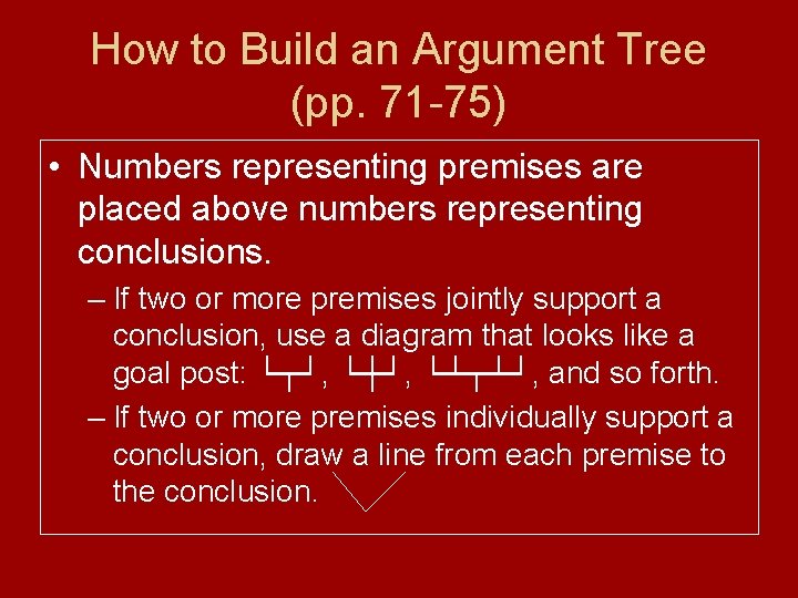 How to Build an Argument Tree (pp. 71 -75) • Numbers representing premises are