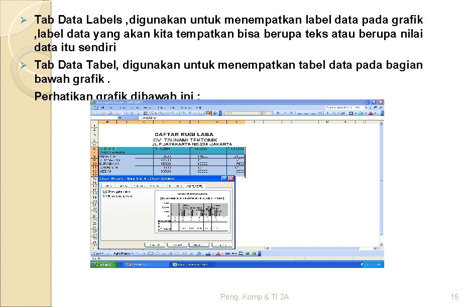 Ø Tab Data Labels , digunakan untuk menempatkan label data pada grafik , label
