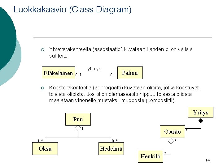 Luokkakaavio (Class Diagram) ¡ Yhteysrakenteella (assosiaatio) kuvataan kahden olion välisiä suhteita Eläkeläinen ¡ yhteys