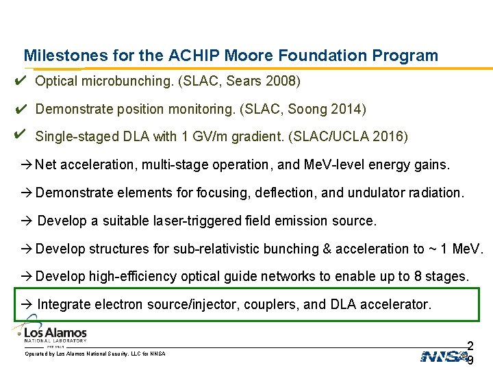 Milestones for the ACHIP Moore Foundation Program ✔ Optical microbunching. (SLAC, Sears 2008) ✔ Milestones for the ACHIP Moore Foundation Program ✔ Optical microbunching. (SLAC, Sears 2008) ✔