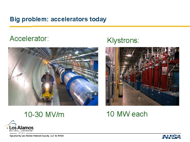 Big problem: accelerators today Accelerator: 10 -30 MV/m Operated by Los Alamos National Security, Big problem: accelerators today Accelerator: 10 -30 MV/m Operated by Los Alamos National Security,
