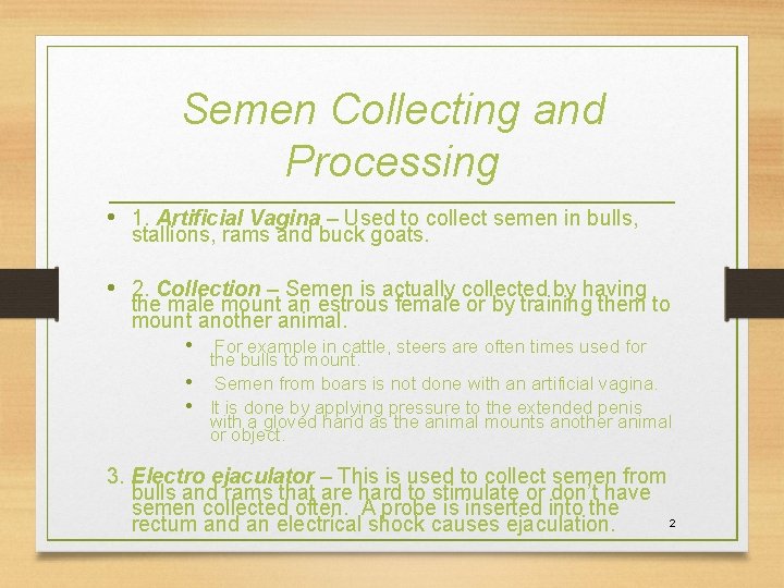 Semen Collecting and Processing • 1. Artificial Vagina – Used to collect semen in