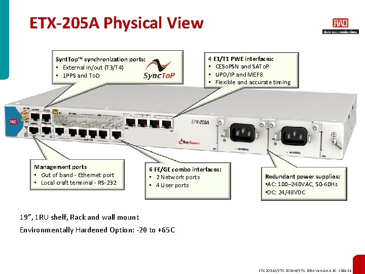 ETX-205 A Physical View 4 E 1/T 1 PWE interfaces: • CESo. PSN and
