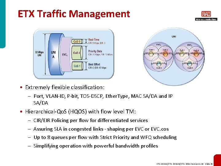 ETX Traffic Management • Extremely flexible classification: – Port, VLAN-ID, P-bit, TOS-DSCP, Ether. Type,