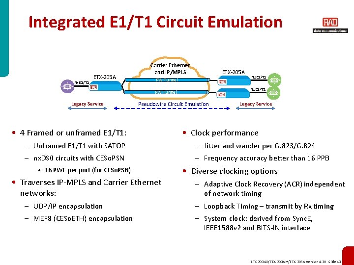 Integrated E 1/T 1 Circuit Emulation Nx. E 1/T 1 ETX-205 A Carrier Ethernet