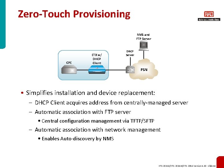 Zero-Touch Provisioning NMS and FTP Server CPE ETX w/ DHCP Client DHCP Server PSN