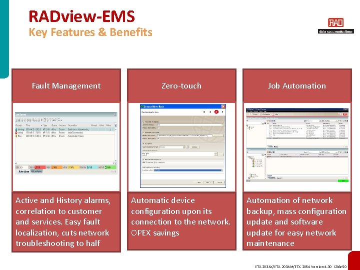 RADview-EMS Key Features & Benefits Fault Management Zero-touch Job Automation Active and History alarms,