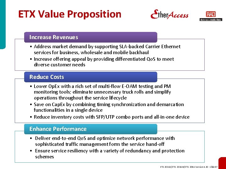 ETX Value Proposition Increase Revenues • Address market demand by supporting SLA-backed Carrier Ethernet