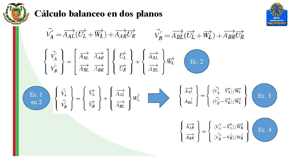Cálculo balanceo en dos planos Ec. 2 Ec. 1 en 2 Ec. 3 Ec.
