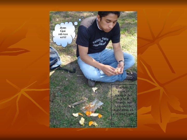 Mmm ¡Qué sabrosa está! El sujeto E sigue el ejemplo del sujeto M, tirando