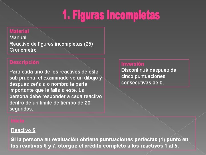 Material Manual Reactivo de figures incompletas (25) Cronometro Descripción Para cada uno de los