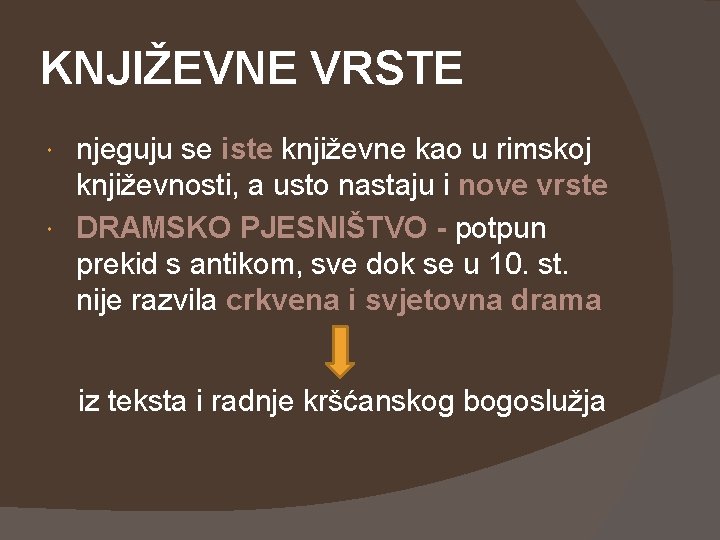 KNJIŽEVNE VRSTE njeguju se iste književne kao u rimskoj književnosti, a usto nastaju i