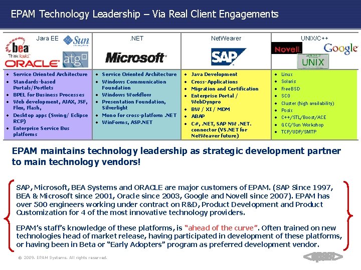 EPAM Technology Leadership – Via Real Client Engagements Java EE . NET · Service