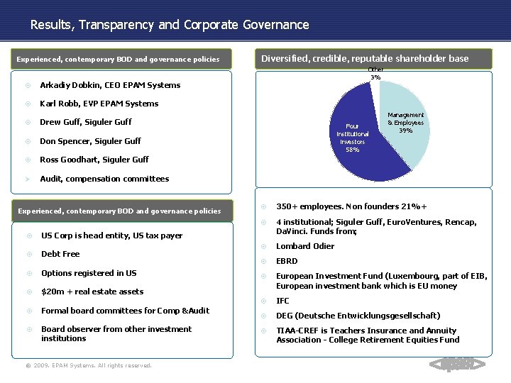 Results, Transparency and Corporate Governance Experienced, contemporary BOD and governance policies Arkadiy Dobkin, CEO